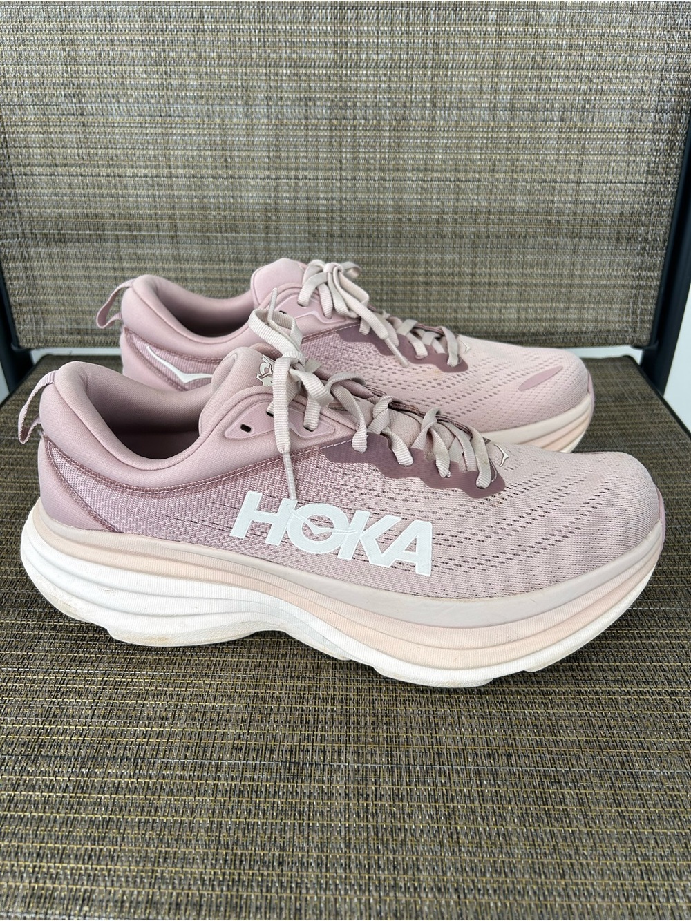 EUC Hoka One 10.5 B Bondi 8 Pink White Running Sneakers Pale Mauve Peach Whip